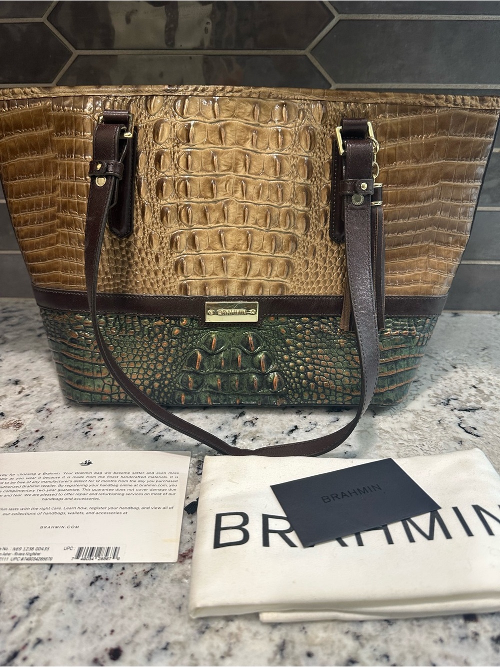 Brahmin Brown and Green Croc-Embossed Leather Tote